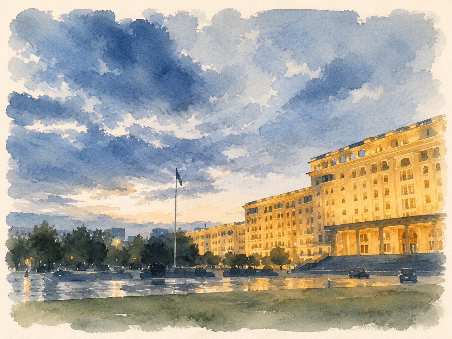 Watercolor of a blue sky above a golden building